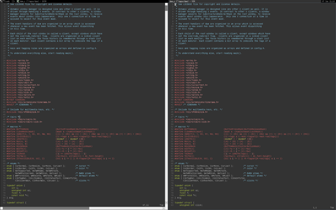 Screenshot of VIM theme relaxed on the left is gvim (GUI), on the right is vim in urxvt (terminal)